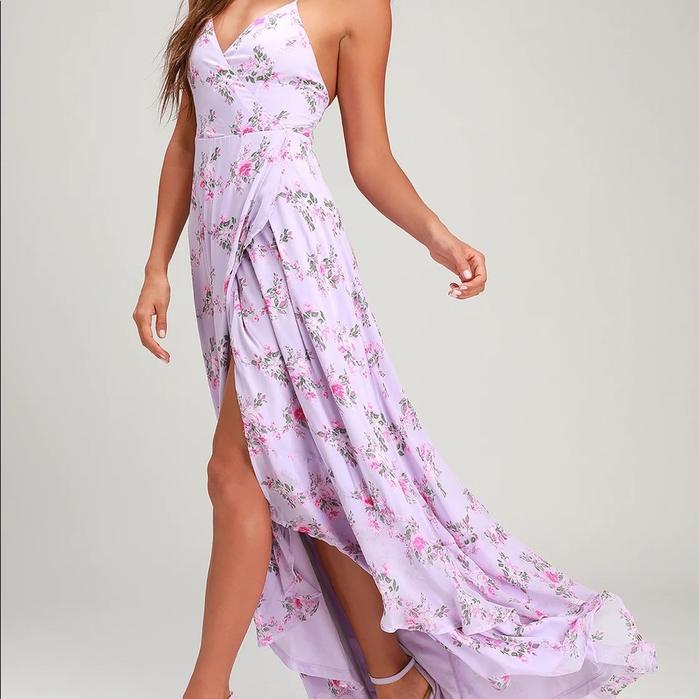 Lulu’s Lavender Floral Lace Up High-Low Maxi Dress